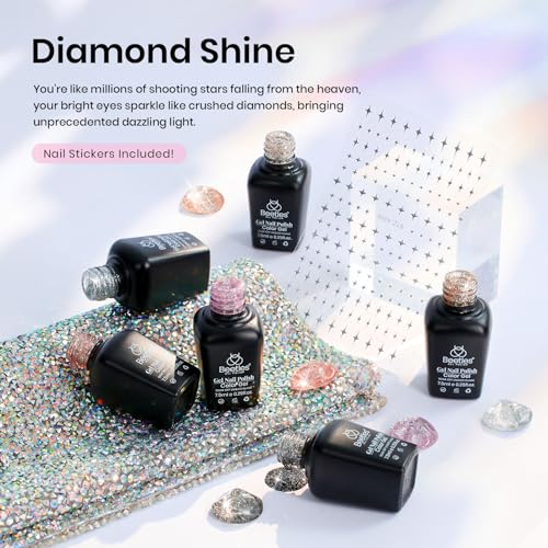 Image of Beetles Fall Glitter Gel Nail Polish Set, Reflective Sparkle Gel Polish | Diamond Shine Silver Black Pink Gold Holographic Gel Polish with Nail Art Stickers Soak Off Uv LED Manicure Gifts for Women