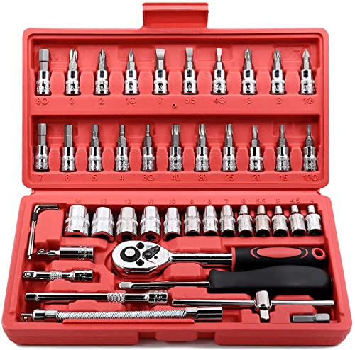 Image of Volo 46 Pieces 1 /4 Inch Socket Wrench Tool Kit with Ratchet Screwdriver, Metric Sockets & Extension Bar | Mechanic Tool Set for Auto, Bike Repair & Household with Storage Case