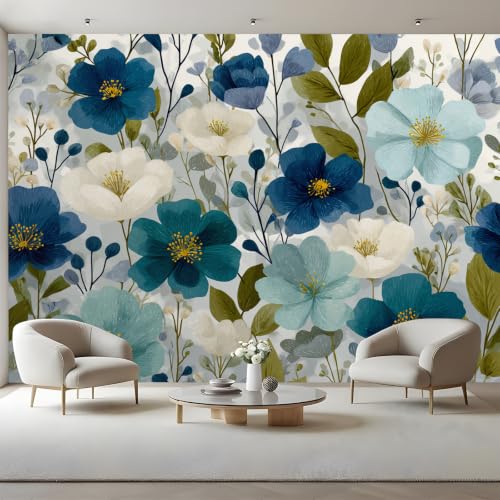 Fotomural Autoadhesivo Botánico Azul Marino,Papel Pintado Grande de Lienzo Canvas Removible para Salón Dormitorio Floral Blanco Azul,300 x 240 cm