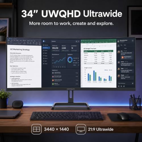 Image of Deco Gear 34 inch Curved Ultrawide Monitor, 3440x1440 UWQHD 21:9 100Hz 1500R | HDR 4000:1 | Adaptive-Sync | PIP /PBP | 100% sRGB | 1ms MPRT | 2 HDMI | 2 DP | 2K VA Screen for Business Laptop PC Home Office