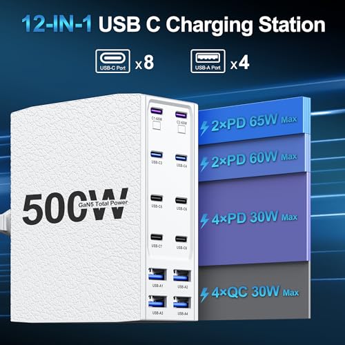 Image of 500W USB C Charger Block, 12-Port USB C Charging Station for Multiple Devices, Leather Texture Dual PD 65W Laptop Fast Charger Compatible with MacBook Pro /Air, iPad, iPhone,Galaxy and More, White