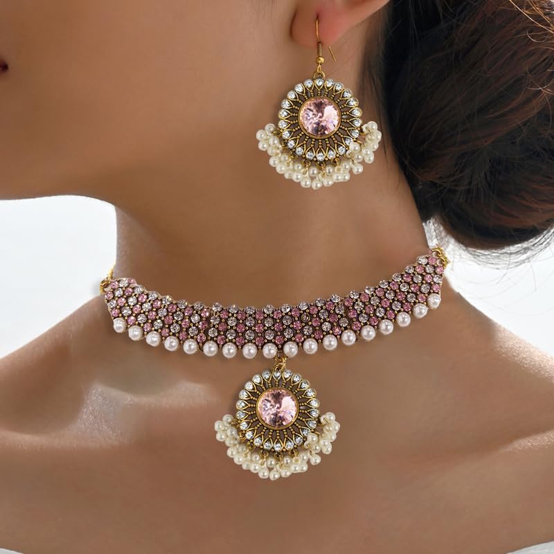 Bollywood Indian Necklace Earring Jewelry Sets for Women Imitation Crystal Ethnic Punk Choker Necklace Dangle Drop Earrings Diwali Festival Traditional Boho Jewellery for Wedding Bridal Prom Wear - Image 2
