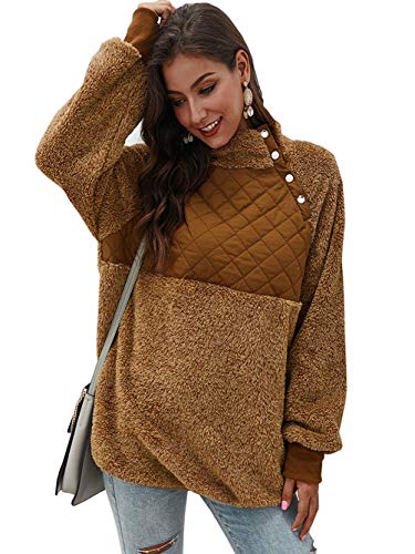 Womens Stand Collar Oblique Buttons Long Sleeves Fleece Pullover Sweater Sherpa Tops Khaki L