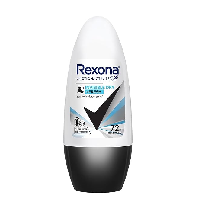 Rexona Invisible Dry + Fresh Roll-On Deodorant for Women | 72-Hour Freshness | No Stains | Alcohol-Free & Gentle on Skin | 45 ML