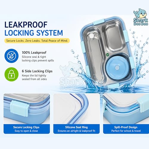 Image of Shark Doo Doo Bento 3 Compartment Stainless Steel Lunch Box with Steel Cutlery Inside | Heating & Water Insulation Design | Leak-Resistant | 750 ML | Office & School (Sky Blue)
