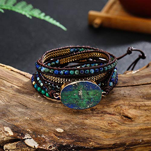 Plumiss Boho Leather 5 Wrap Natural Stone Chrysocolla Bracelet Handmade Gemstone Beaded Bracelet Jewelry Collection #TOP2