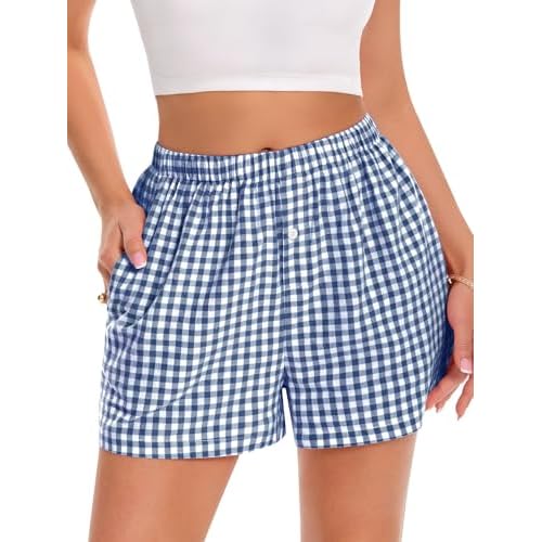 Boxer Shorts for Women Summer Gingham Pajama Casual Plaid Shorts Y2K Beach Bottoms with Pocket Small Blue