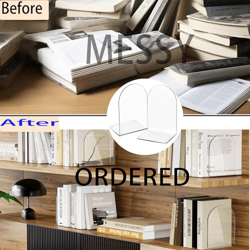 Image of Acrylic Book Ends 4 Pcs, Clear Bookends, Bookend Organizer for Shelves | Transparent Book Stoppers, Decorative Book Holder Stand for Heavy Books, CD, Book Shelves, File, Video Games