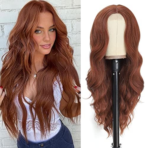 NAYOO Long Auburn Wavy Wig for Women 26 Inch Middle Part Curly Wavy Wig Natural Looking Synthetic Heat Resistant Fiber Wig for Daily Party Use (Auburn)