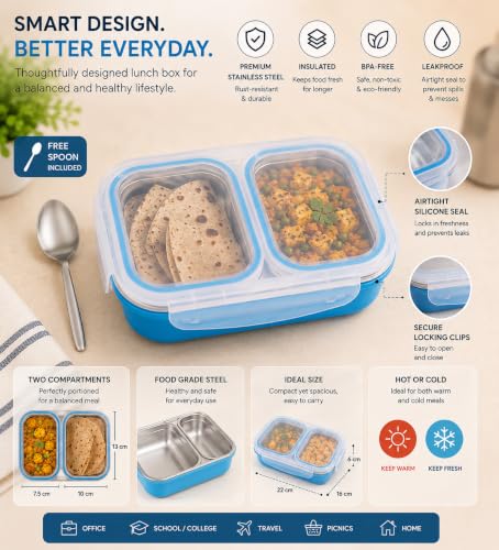 Image of Bento Lunch Box 550ml, Stainless Steel Lunch Box with 2 Compartments & Spoon, Microwave Safe BPA Free Tiffin Box, Leak Resistant Lunch Box for Kids & Adults, Office, School & Travel Blue