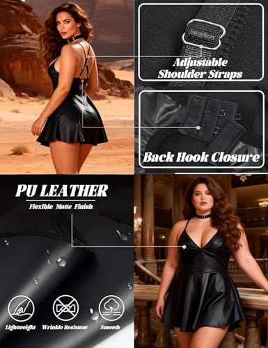ohyeahlady Lederkleid Damen Große Größen Sexy Outfit für Damen Babydoll Dessous Kleid Curvy Elegant Leather Dress Rave Kurz Kleid Festival Partykleid Minikleid Clubwear Mollige Reizwäsche Schwarz,XXL