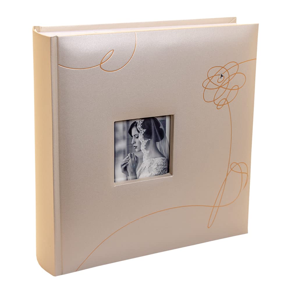 Kenro Gold Pearl Wedding Photograph Album For 200 Photos 6X4 Inch / 10X15cm With Photo Window On Cover With Memo Space, Slip-In Pages, Champagne Wedding Flower Design - Pl401