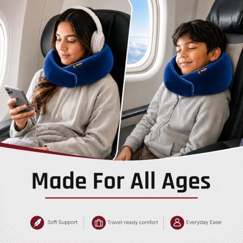 Image of Premium Memory Foam Neck Pillow by ValorX USA for Travelling 360 Neck Support with Adjustable Velcro Straps & Ultra-Soft Velvet Cover, Blue