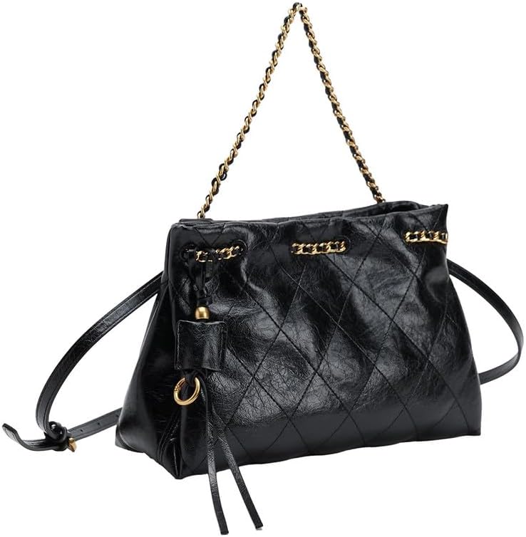 URBAN REVIVO Women‘s Quilted Leather Crossbody Bag， Drawstring Bucket Handbag Purse for Travel， Daily & Shopping