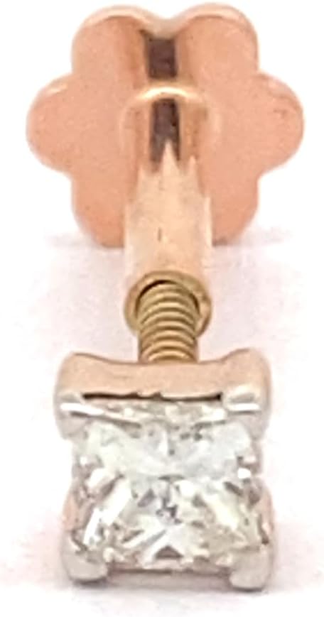 Demira Natural 2.2MM (0.07ct) Diamond in Princess cut 14K Rose Gold Nose Ring - Lip Labret Monroe Stud, Screw Post, 6MM Long, 16 Gauge