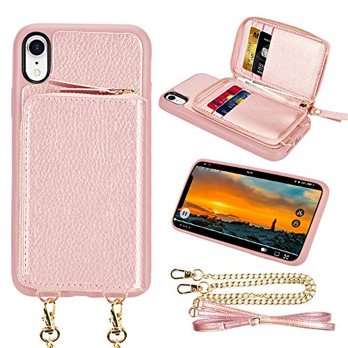 LAMEEKU iPhone XR Zipper Wallet Case,iPhone XR Card Holder Slot Leather Case with Crossbody Chain Wrist Strap,Case Wallet Protective Cover for iPhone XR (6.1 inch)- Rose Gold