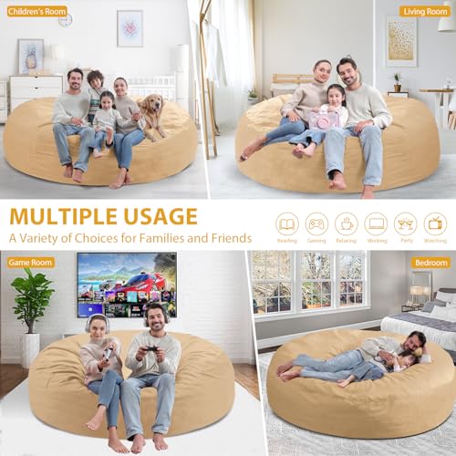 7FT Bean Bag Chair, Large Bean Bag Chairs with Memory Foam Filled, Fluffy Beanbag Sofa with Dutch Velvet Cover, Round BeanBag Chairs for Living Room, Playroom - Khaki