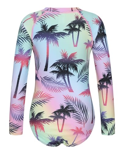Image of Girls Long Sleeve Rash Guard One Piece Swimsuit Kids UPF 50+ Sun Protection Swimwear Rainbow Striped Bathing Suit 3-14 Years
