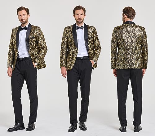 YND Men's 3 Piece Slim Fit Suit Set, One Button Shawl Lapel Floral Pattern Party Blazer, Jacket Pants with Bow Tie3
