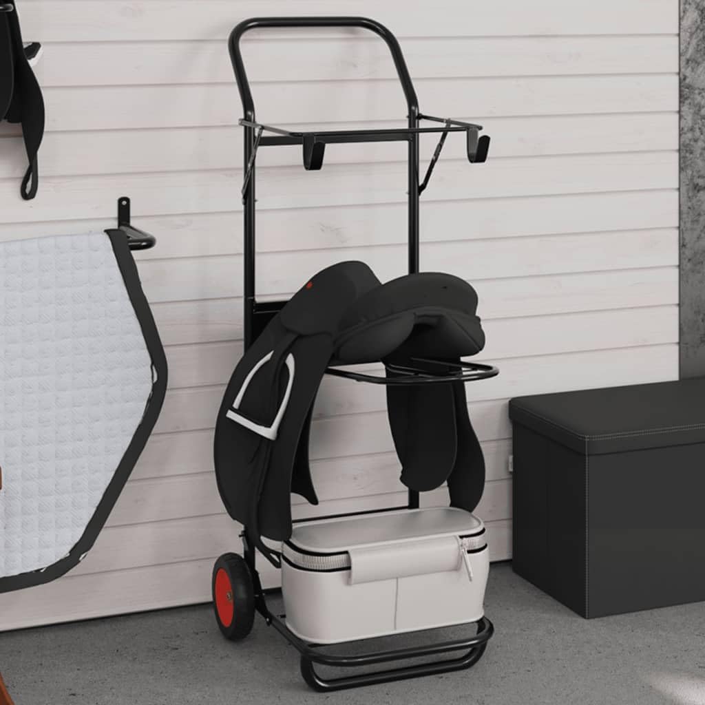 vidaXL Carrito de Silla de Montar Plegable Acero Negro, Carro de Silla de Montar, Carrito de Montura, Estante portátil sobre Ruedas, Carro de arreos
