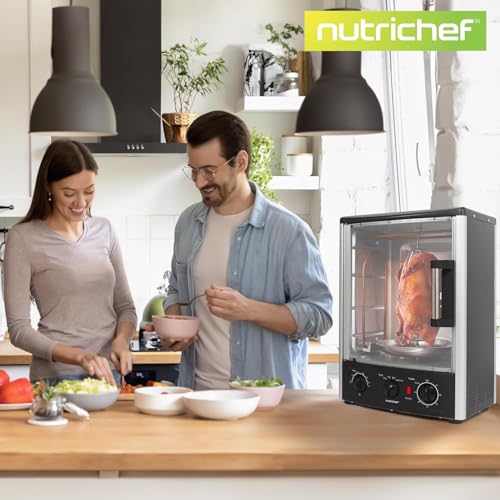 Image of Nutrichef Vertical Countertop Oven with Rotisserie, Bake, Broil, & Kebab Rack Functions - Adjustable Settings - 2 Shelves - 1500W - Thanksgiving Turkey - Includes Grill, Kebab skewer racks & bake pan