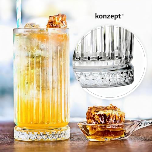 Image of bellemax 280 ML Premium Ribbed Juice Glass | Transparent Drinking Water Glasses for Juice, Soft Drinks, Mocktails, Cocktails, Cold Beverages | Crystal Clear Long Glass Tumblers for Home (Set of 6)