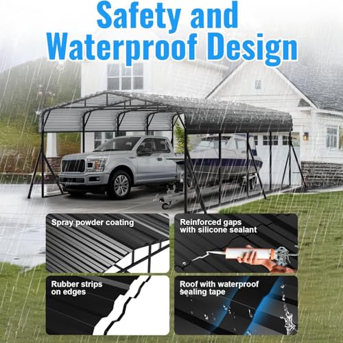 Image of 20X20FT Heavy Duty Carport, Metal Carport with Reinforced Frame & Side Support Poles for All-Weather, Large Outdoor Car Port Suitable for Parking Pickup, Boat, Car, and Tractor