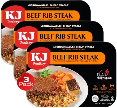 KJ Poultry Kosher Ready Meals - Beef Rib Steak & Kugel, MRE Meat Meals Ready to Eat, Shabbos Food (3 Pack) Prepared Entree Fully Cooked, Shelf Stable Microwave Dinner Travel Military Camping Survival