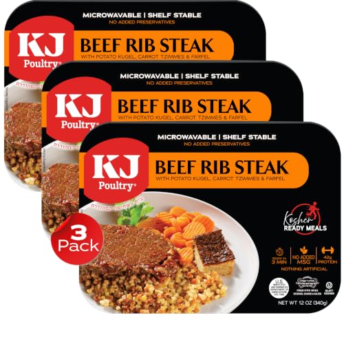 Image of KJ Poultry Kosher Ready Meals - Beef Rib Steak & Kugel, MRE Meat Meals Ready to Eat, Shabbos Food (3 Pack) Prepared Entree Fully Cooked, Shelf Stable Microwave Dinner Travel Military Camping Survival