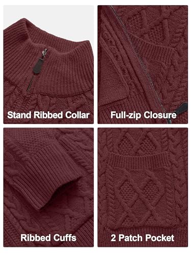 Comdecevis Men's Cardigan Sweaters Full Zip Up Stand Collar Slim Fit Cable Knitted Sweater with Pockets4
