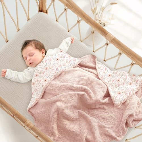 Image of lulumoon Muslin Baby Blanket for Girls - Soft Cotton for Newborn - 4 Layer Reversible Breathable Floral Receiving Blanket for Nursery Crib and Stroller 47 inchx47 inch (Pink Flower)