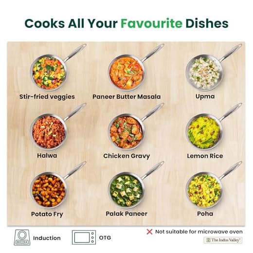 The Indus Valley Triply Stainless Steel Fry Pan | Small 20 cm / 7.9 inch | Induction Friendly | Nonstick 3-Layer Body, 100% Pure & Toxin-Free, No Chemical Coating