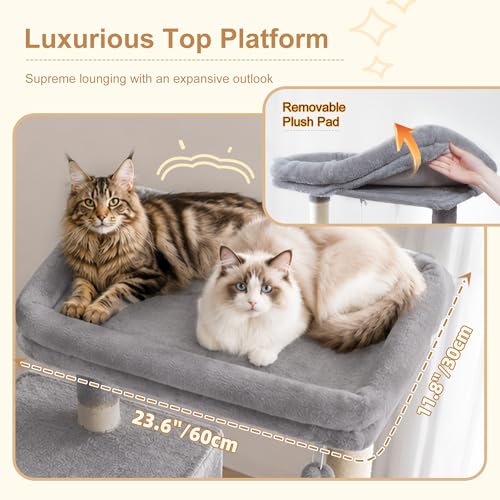 Image of Heybly 68.1 inch Cat Tree with Oversized Top Platform & Wide Base HCT059W | Heavy Duty Cat Tower for Large Indoor Cats with 2 Condos, 2 Hammocks, 10 Sisal Scratching Posts, Stable Cat House, Light Gray