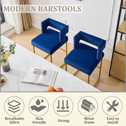 Image of 26 inch H Velvet Bar Stools Set of 6, Counter Height Bar Seats with Square Back, Modern Upholstered Armless Barstools with Metal Gold Legs for Kitchen Island Dining Room Bar, Blue