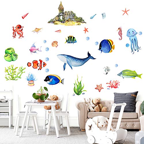 SULISHI Autocollants Lumineux Monde Sous-marin Dessin Animé Stickers Muraux Autocollants de Décoration de Chambre d'enfants Autocollants de Coquille d'étoile de mer de Baleine Cover