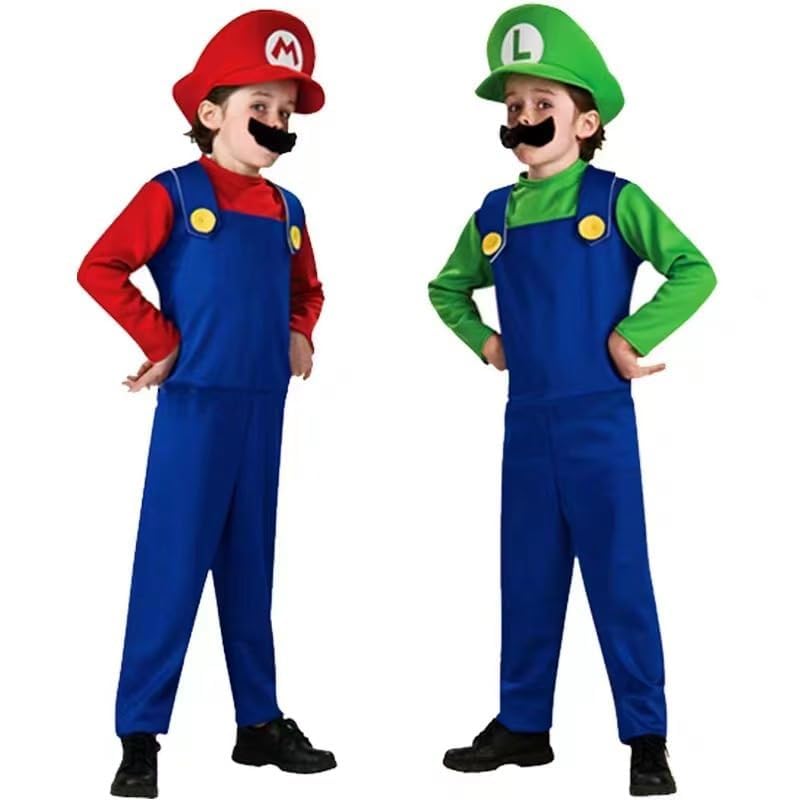 TAPIT Super Brothers Costume for Kids Halloween Cosplay Costume Boys Cartoon Outfits with Caps and Beard Accessory Green XL
