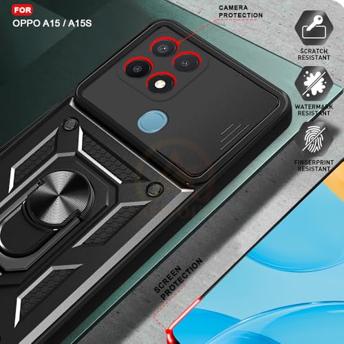 Image of Armor Bumper Back Cover Case for Oppo A15 / A15s Rotating Camera Cover, Ring Holder & Kickstand | Heavy Duty & 360 Degree Protection Oppo A15 / A15s Back Cover (Black).
