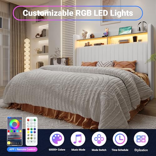 Image of Allewie Full Size Lift Up Storage LED Bed Frame, Charging Station, White