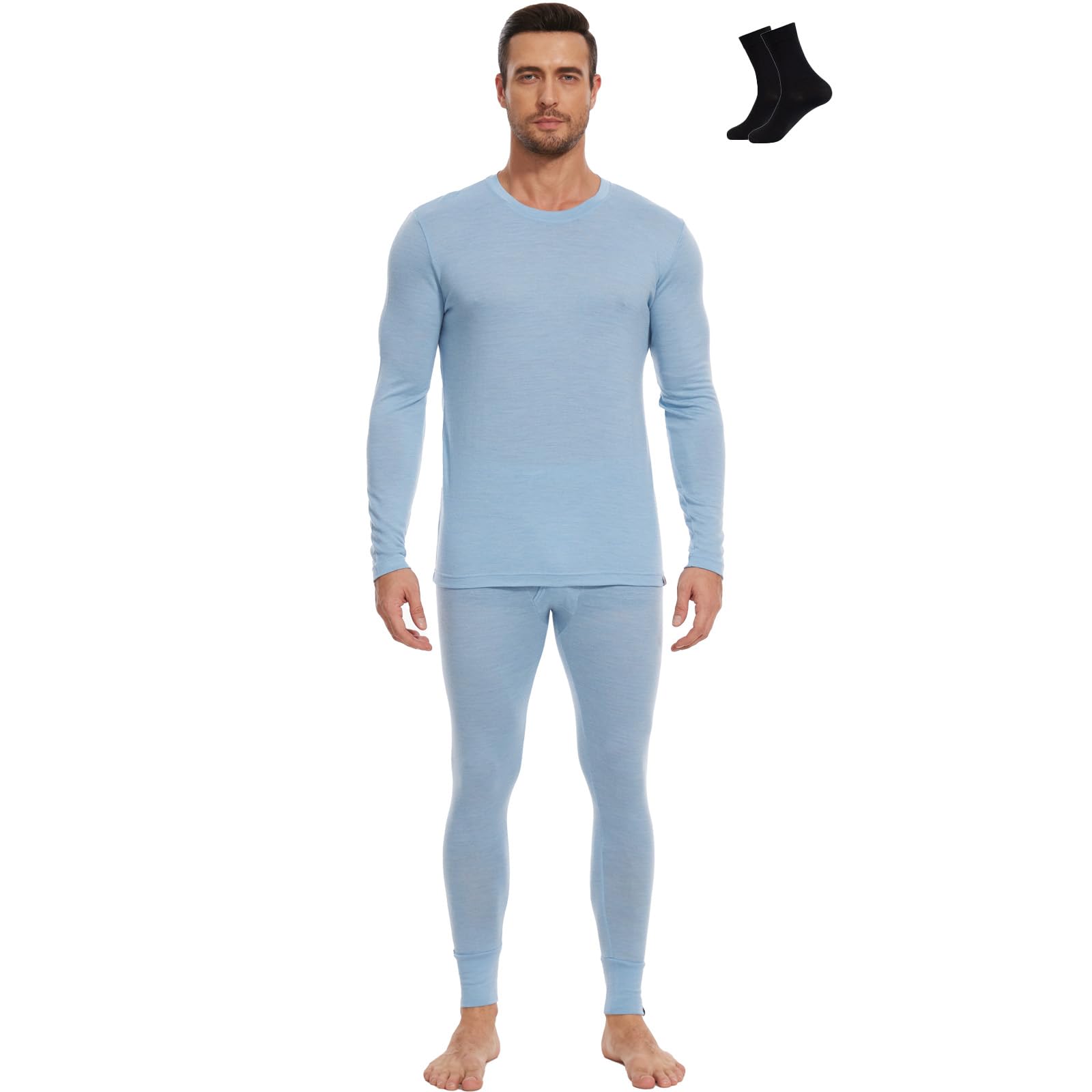 MERINNOVATION Merino Wool Base Layer Set for Men 100% Merino Wool Long Sleeve Thermal Underwear Lite - Midweight Top, Bottom
