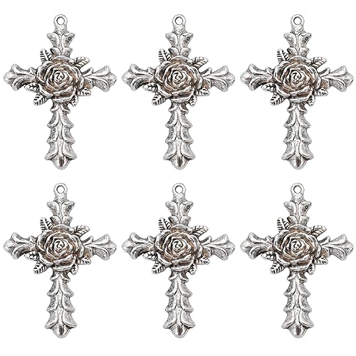 SUNNYCLUE 1 Box 10Pcs Cross Charms Tibetan Style Antique Silver Large Cross Bead Charms Detailed Rose Flowers Vintage Crosses Crucifix Shaped Charm for Jewerly Making Charms DIY Necklace Supplies