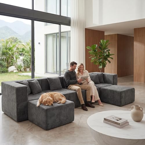 Image of MONVANE 130'' Oversized Boneless Sectional Couches for Living Room, 6-Seat U Shaped Cloud Couch, Modular Sofa with Ottoman & 6 Throw Pillows, Comfy Chenille, No Assembly Required, Gray