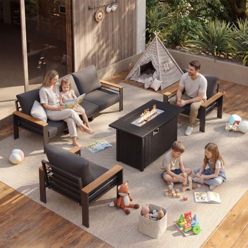 Image of Aoxun Patio Furniture Set, Aluminum Patio Set with Fire Pit Table and 5 inch Thicken & Washable Cushion, Waterproof Outdoor Furniture, Outdoor Couch Sectional for Backyard (5 Seats /F, Dark Grey)
