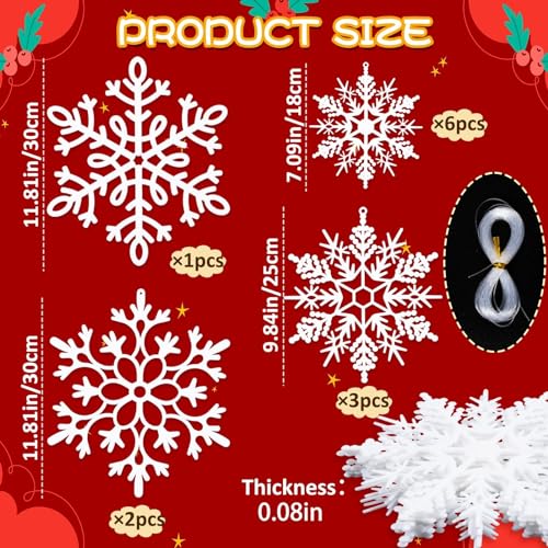 Image of 12pcs Large Christmas Hanging Snowflakes Decorations Outdoor - White Big Hanging Snowflake in Different Sizes for Winter Decoration Indoor Outdoor Christmas Tree Holiday Decor