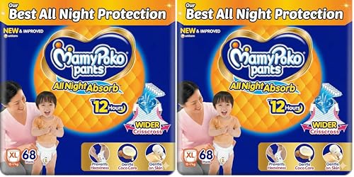 Image of Mamypoko pants All night absorb| Pant Style Baby Diapers X- Large Size(XL), 68 Count, Ideal for 12-17Kgs|1 Diaper: Upto All night Absorption|Wider Crisscross Sheet|Gentle Coco Care| 12hr Leakage Protection| Prevents Heaviness (Pack of 4)