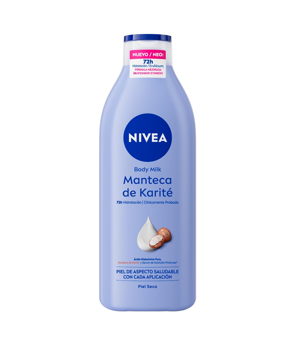 NIVEA Body Milk Manteca de Karité (1 x 400 ml), leche corporal que hidrata durante 72 h, crema hidratante corporal con ácido hialurónico, para piel seca