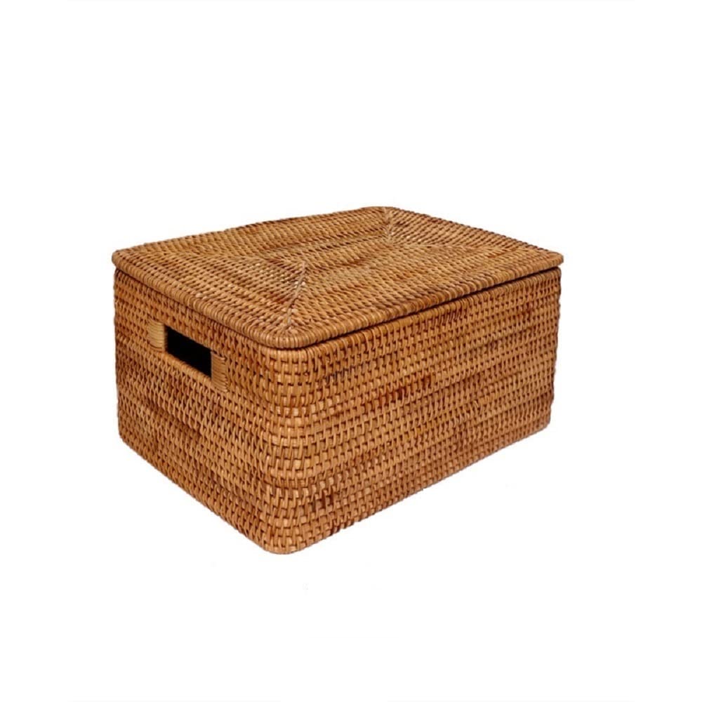 HHF Cesta Caja, Cesta de ratán Tejida a Mano for el hogar con Tapa, Estilo nórdico, for Mesa de Centro, Aperitivos y artículos Diversos. Ropa Almacenamiento(38cm x 28cm x 18cm)