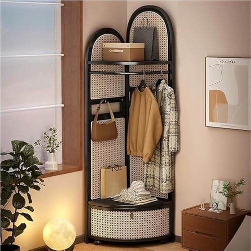 Freestanding Boho Coat Rack with Hooks - Rattan Floor Stand for Entryway, Living Room & Hallway - Space-Saving 90° Corner Design - Durable Black Finish (2 Hooks)