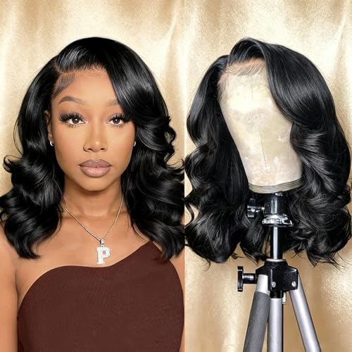 Douyin Bob Wig Human Hair 13x4 Lace Front Wigs Human Hair Pre Plucked Body Wave 180% Density 14 Inch HD Lace Frontal Short Glueless Wigs for Women (14 inch, Natural Black)