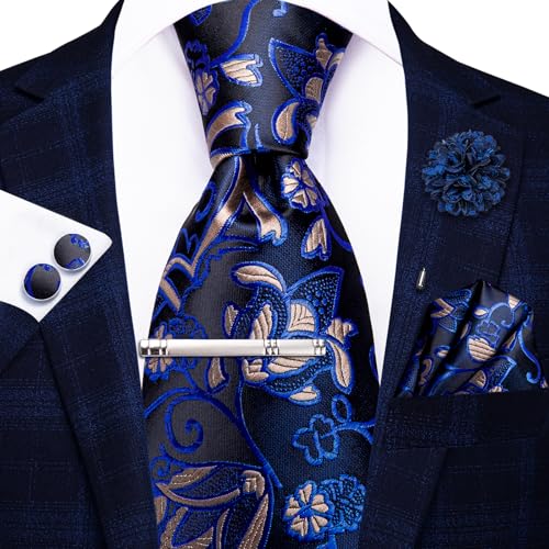 Image of Hi-Tie Black Blue Men's Necktie Sets Floral Jacquard Tie and Pocket Square Lapel Pin Silver Tie Clip Cufflinks Set Wedding Business 6PCS