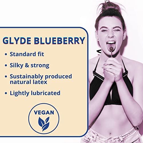 Glyde Blueberry Flavored Ultra Thin Condoms - 4 Count - Organic Flavor Extract, Ultra-Thin, Vegan, Non-Toxic, Medium Size Natural Rubber Latex, 53Mm Yummy Standard Fit #TOP1